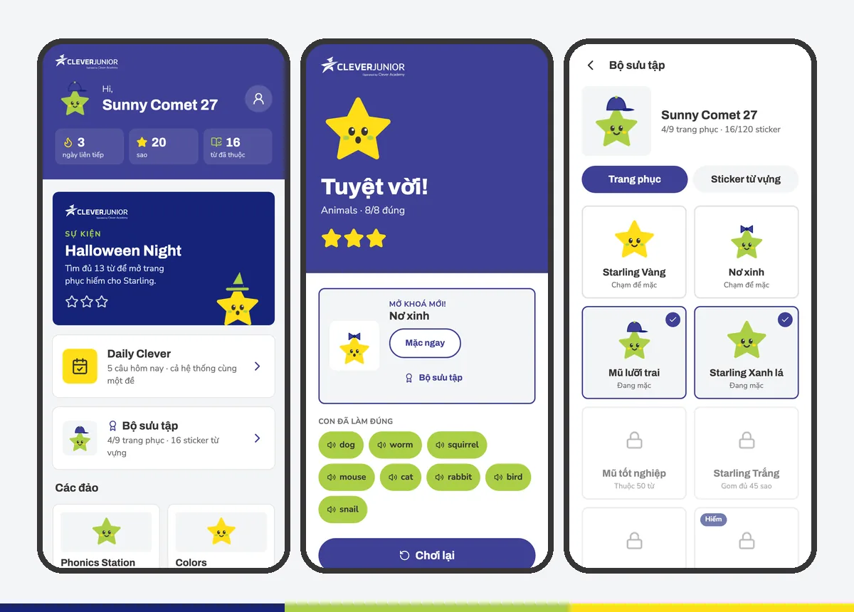 Màn hình Clever Quest: bản đồ các đảo, màn kết quả và bộ sưu tập Starling