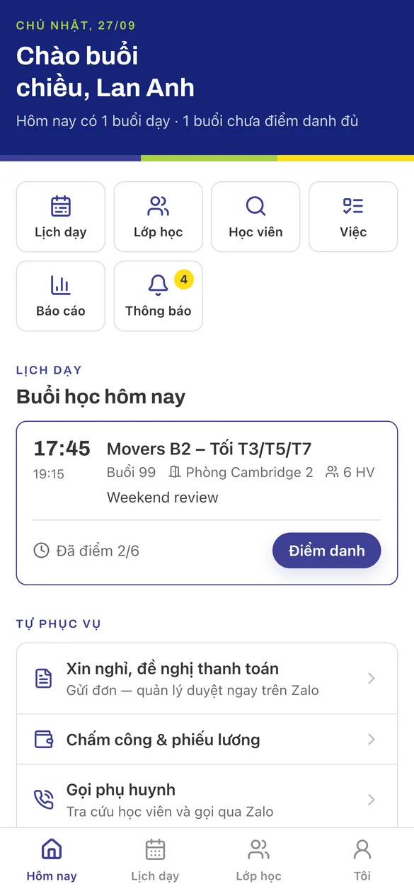 Lịch dạy hôm nay của giáo viên