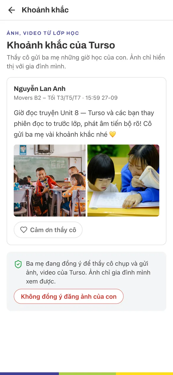 Khoảnh khắc: ảnh thầy cô gửi ba mẹ trên Clever Junior Zalo Mini App