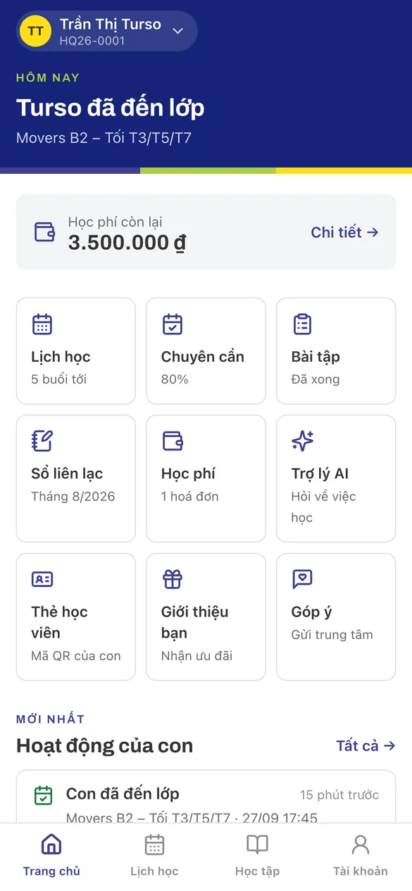 Trang chủ phụ huynh trên Clever Junior Zalo Mini App